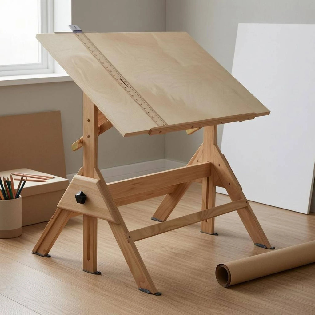 Adjustable Drafting Table L-Shaped Drafting Ruler Included Wooden Drafting Table Tilting Art Desk Built-in Ruler