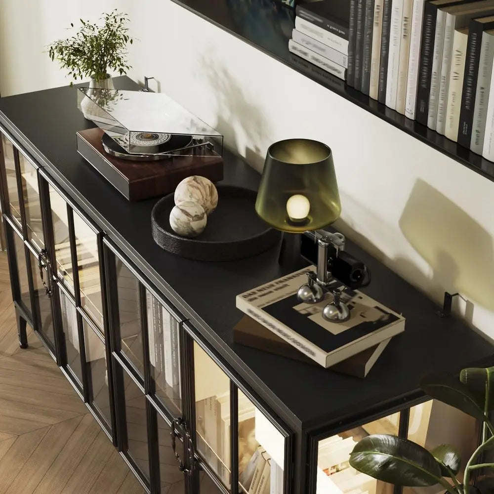 63 Wide Metal LED-lit Sideboard with Tempered Glass Doors for Living, Dining, Kitchen Spaces in Black