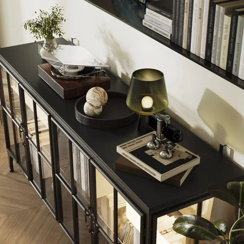 63 Wide Metal LED-lit Sideboard with Tempered Glass Doors for Living, Dining, Kitchen Spaces in Black