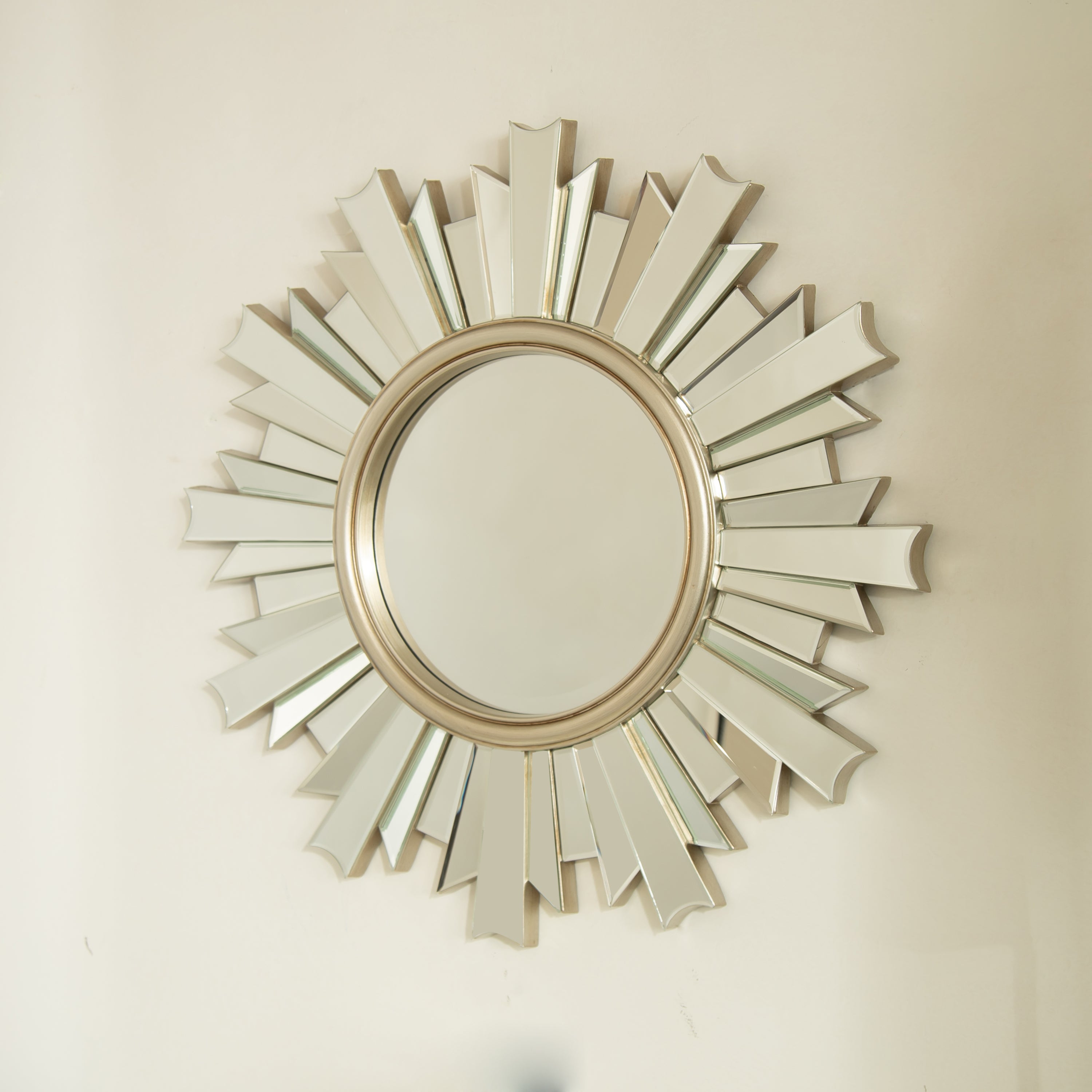 Sunburst Wall Mirror – PU Frame Silver 25.59" diameter for Bathroom,