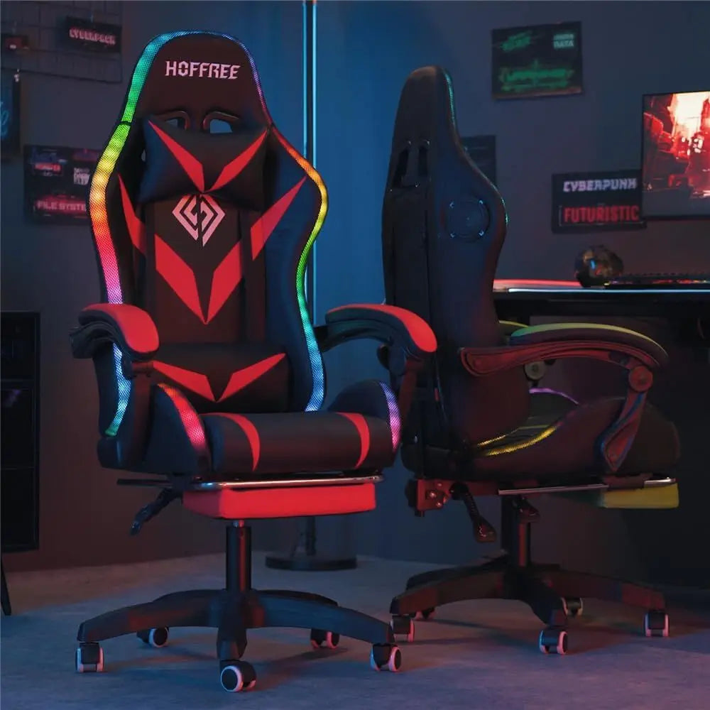 Ergonomic Gaming Chair with Speakers, Massage, Lights, and Recline for Adults in Red and Black