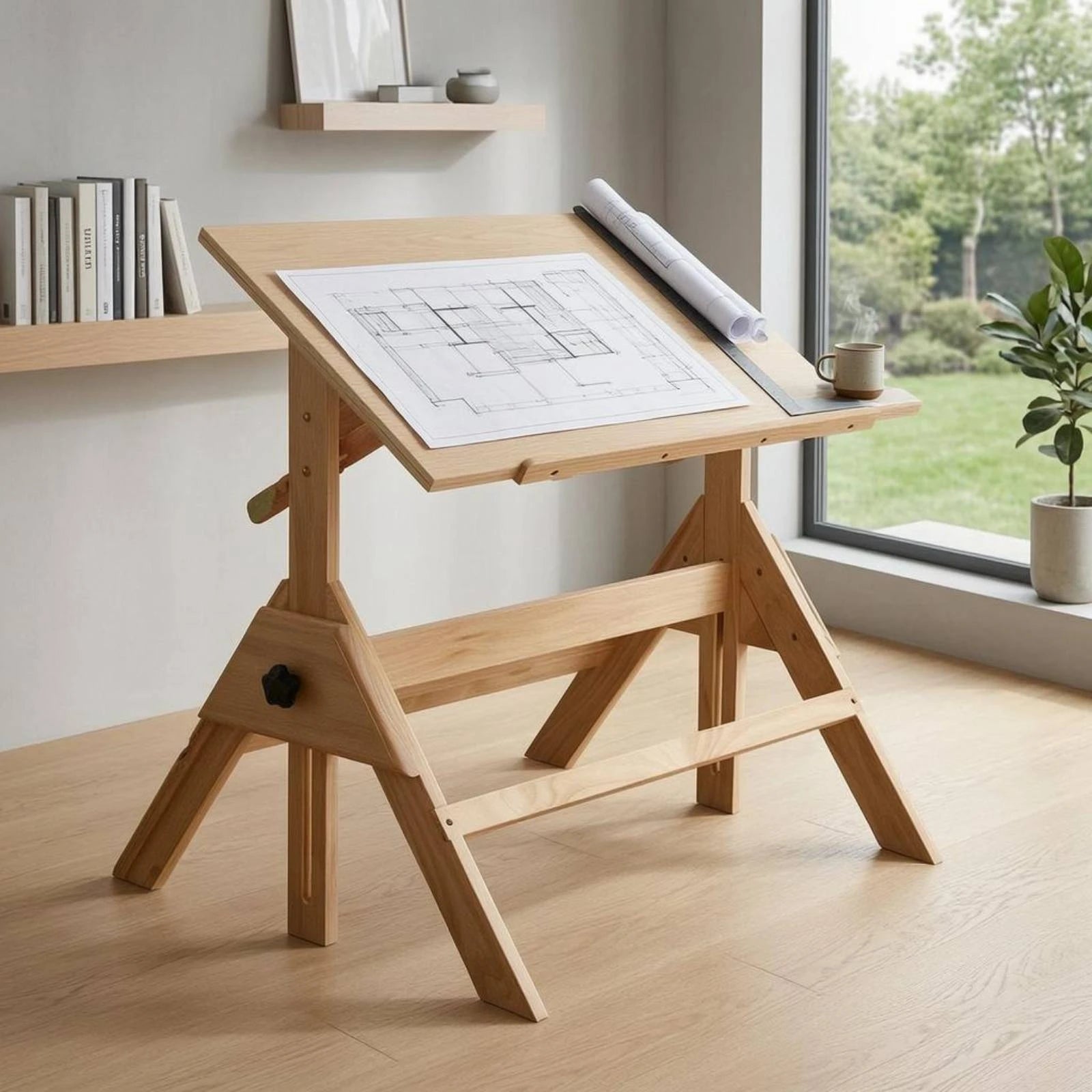Adjustable Drafting Table L-Shaped Drafting Ruler Included Wooden Drafting Table Tilting Art Desk Built-in Ruler