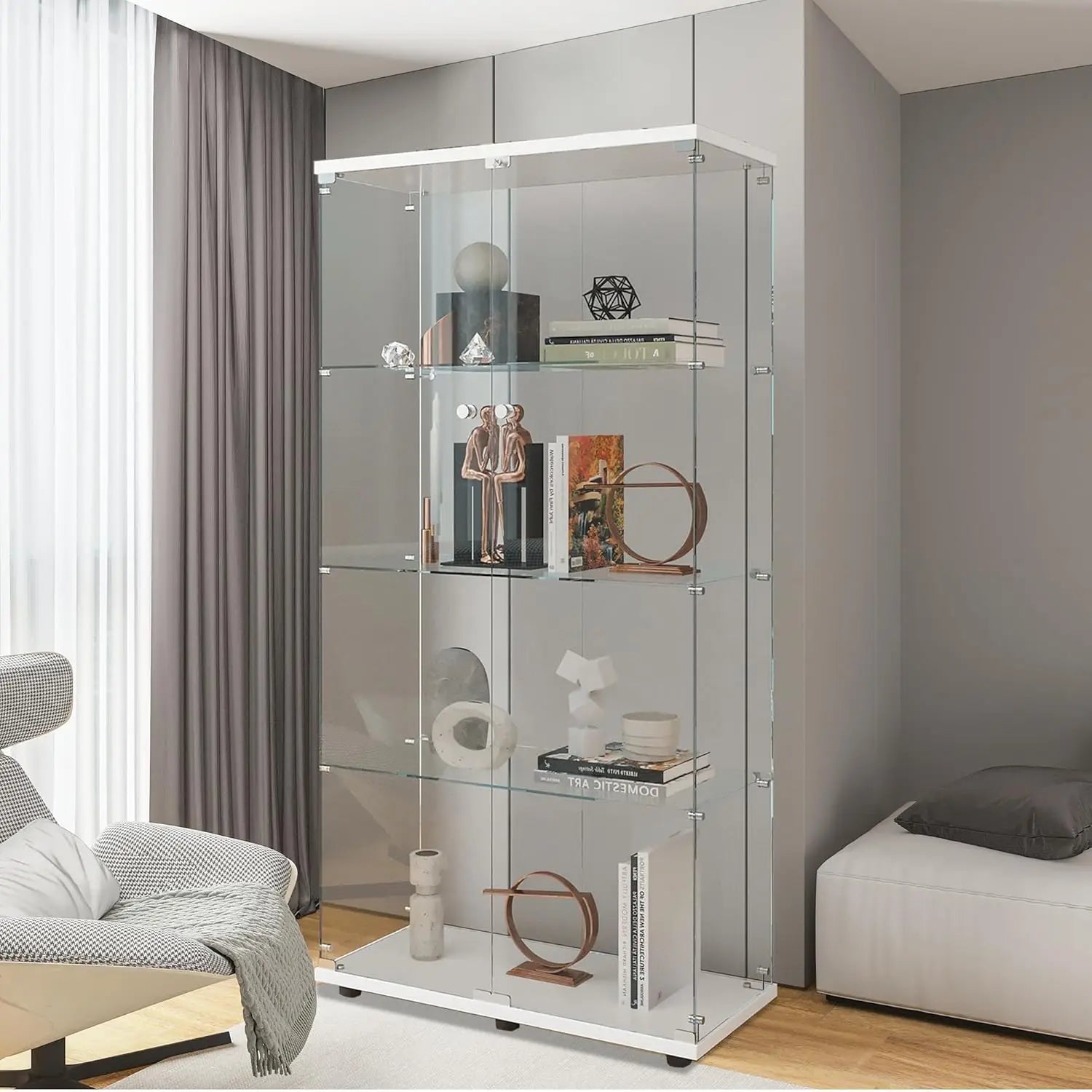 Glass Display Cabinet with 4 Shelves, 2 Doors Curio Cabinets for Living Room, Bedroom, Office, Floor Standing, Customized