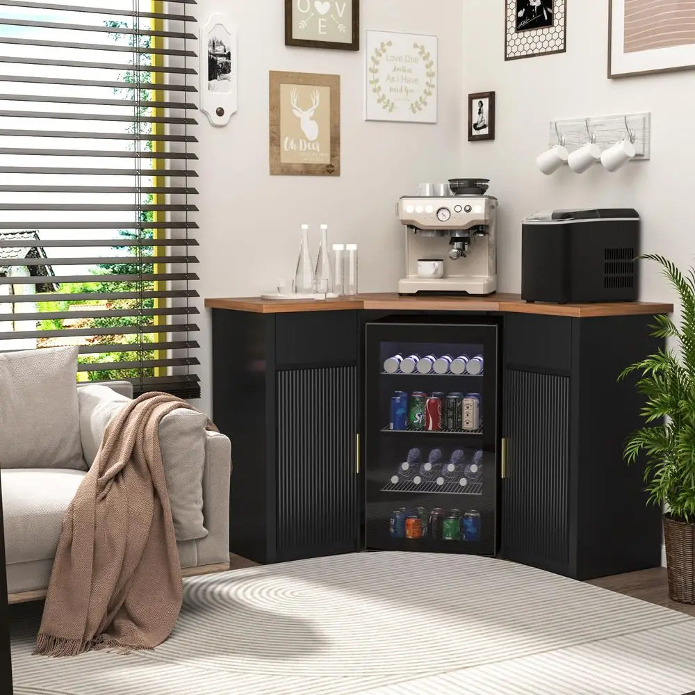 Corner Bar Cabinet with Fridge Space, Corner Coffee Bar Station with Storage, L Shaped Liquor Wine Cabinet for Home