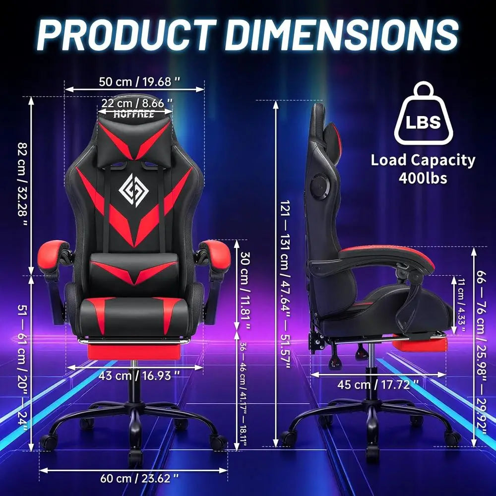 Ergonomic Gaming Chair with Speakers, Massage, Lights, and Recline for Adults in Red and Black