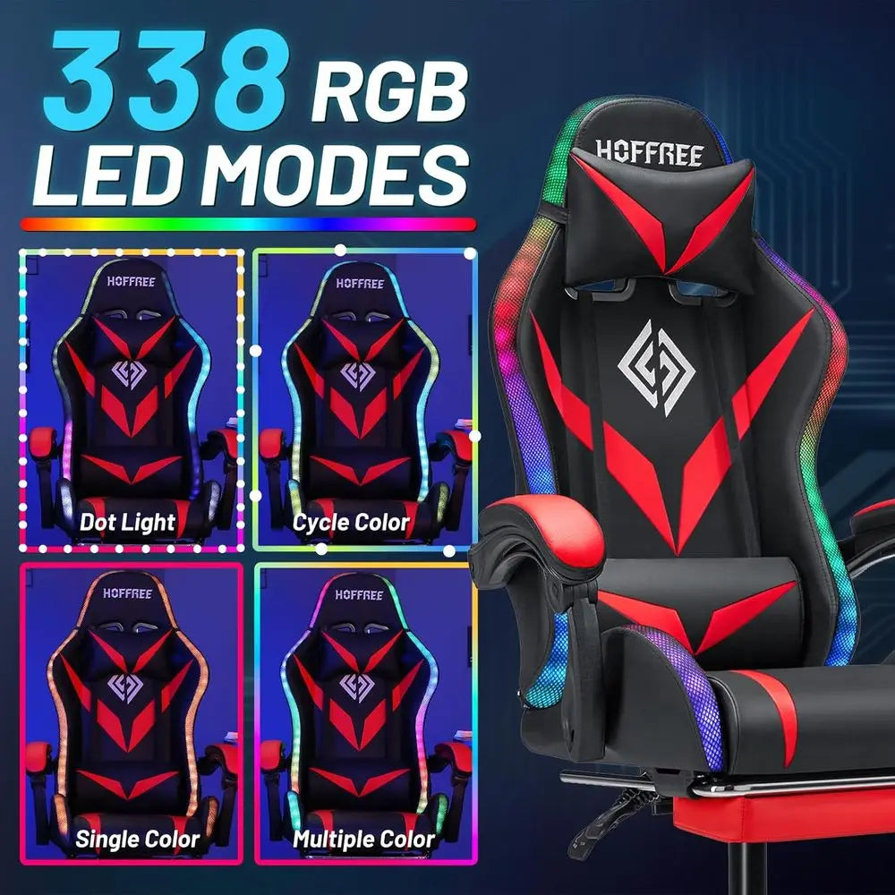 Ergonomic Gaming Chair with Speakers, Massage, Lights, and Recline for Adults in Red and Black