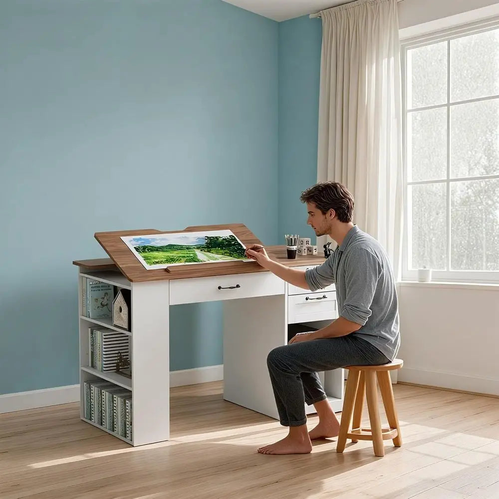 Drating Table with Storage Cabinet & Ders, Adjustable Ding Table with Open Shelves, Crat Art Desk or Artists, Painters, Ding, Cr