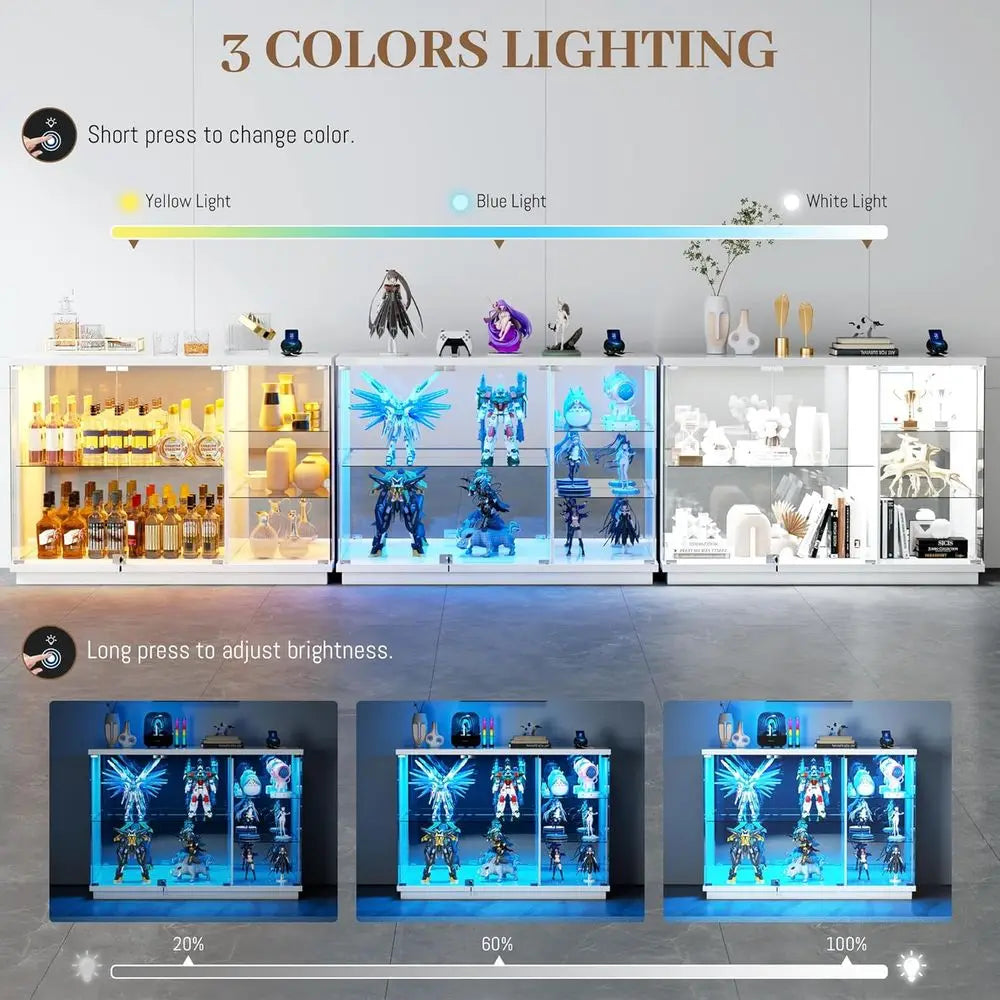 47.2 White Glass Display Cabinet with 3-Color LED, 5-Tier Lockable Curio Cabinet, Human Body Sensor, Charging Station for Collec