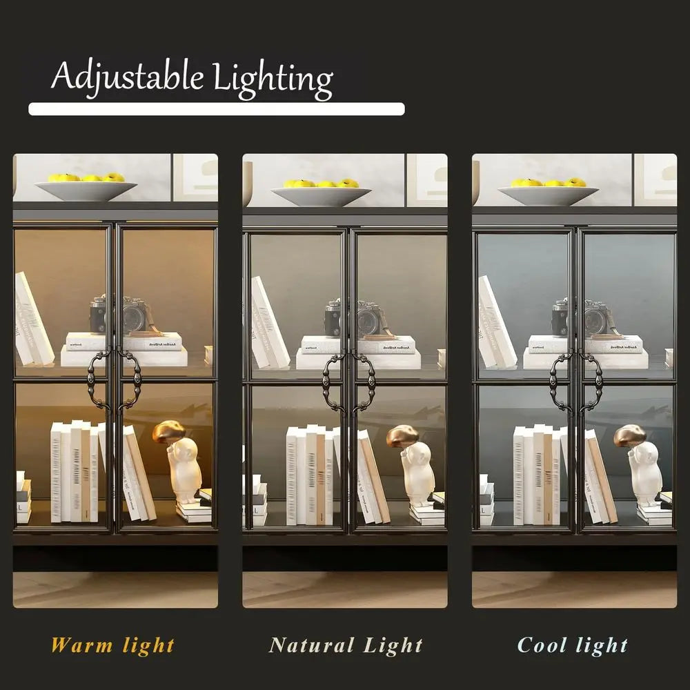 63 Wide Metal LED-lit Sideboard with Tempered Glass Doors for Living, Dining, Kitchen Spaces in Black