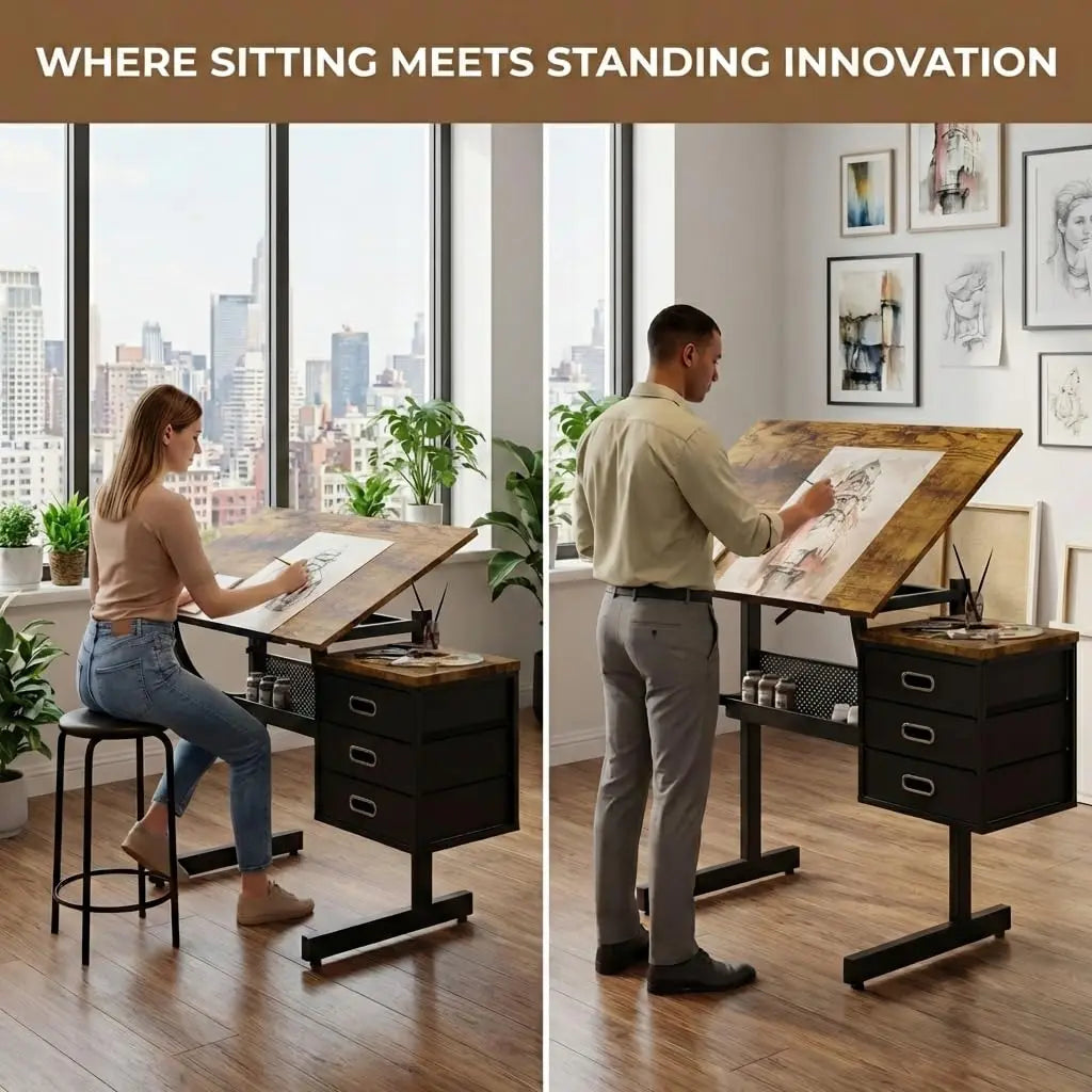 Adjustable Art Desk with Storage, 0-75° Tilting Drafting Table, 3 Drawers, Free Stool - Ideal for Diamond Painting,, Customized