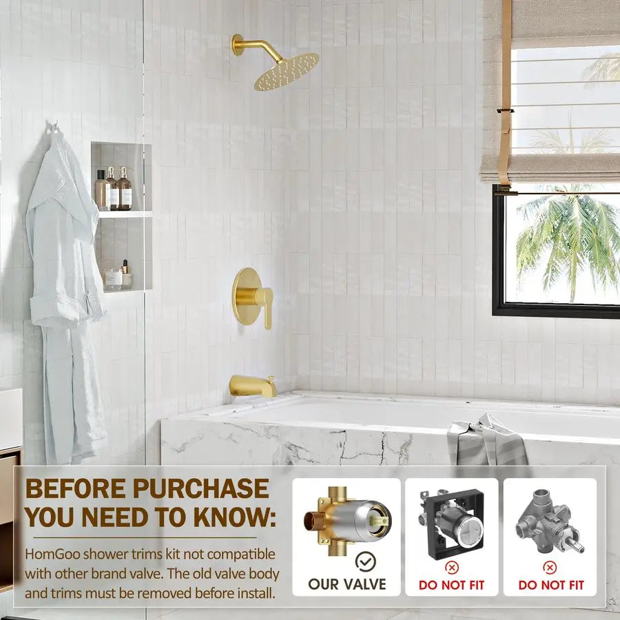 Shower Faucet, Brushed Gold Shower Faucet Set with 6Inch AllMetal Rainfall Showerhead and Bathtub Spout, SingleHandle Tub Shower