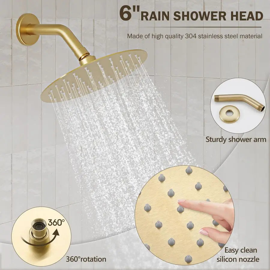 Shower Faucet, Brushed Gold Shower Faucet Set with 6Inch AllMetal Rainfall Showerhead and Bathtub Spout, SingleHandle Tub Shower