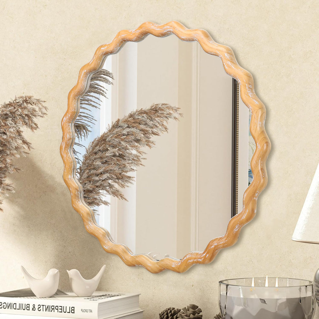 Round Wall Mirror – Farmhouse Wood Frame Antique Natural 27.56" x