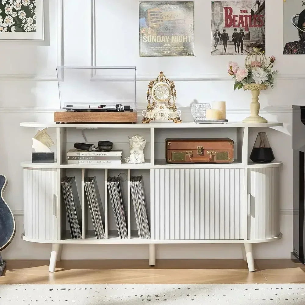 Large Round Record Player Stand with Charging Station & luted Panel, White Century ern Turntable Cabinet with Vinyl Storage, Arc