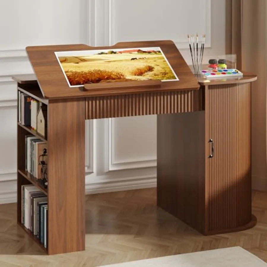 Drafting Table with Storage Cabinet and Drawers Crafting Table with Open Shelves Fluted Drawing Desk Computer Desk for Artists