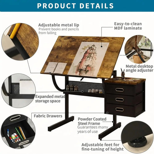 Adjustable Art Desk with Storage, 0-75° Tilting Drafting Table, 3 Drawers, Free Stool - Ideal for Diamond Painting,, Customized